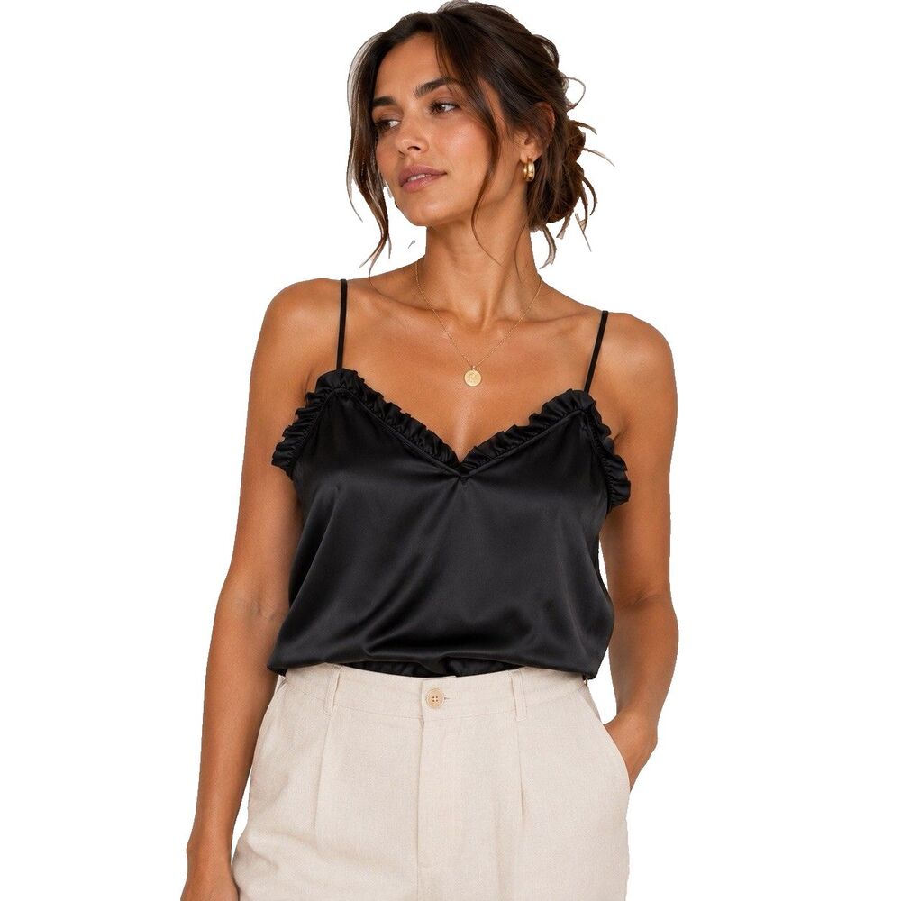 Parker Women’s Black Satin Top Sz XL Blouse Camisole Romantic Grunge Dressy Chic